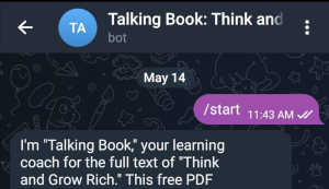 Illustration of a smartphone displaying a Telegram chat interface for Talking Book AI